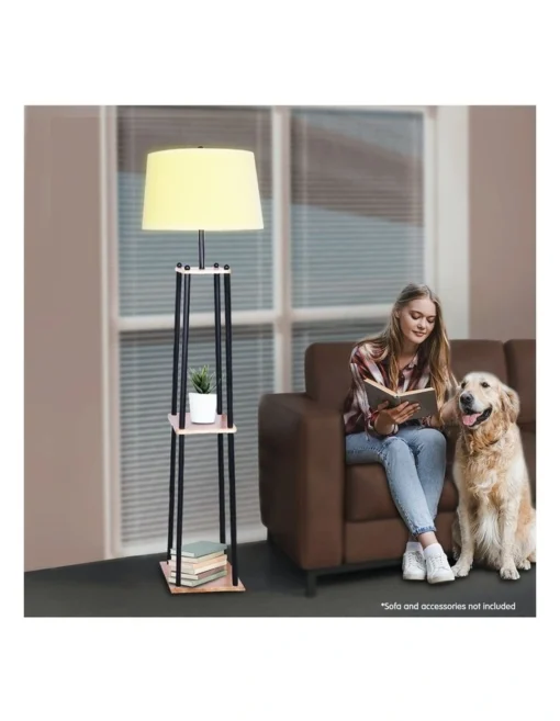 Metal Etagere Floor Lamp With Wood Shelf Light Cream Linen Fabric Shade -Home Décor Sales