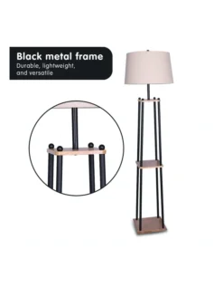 Metal Etagere Floor Lamp With Wood Shelf Light Cream Linen Fabric Shade -Home Décor Sales 828974800 5 720x928
