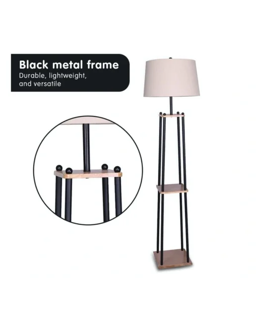 Metal Etagere Floor Lamp With Wood Shelf Light Cream Linen Fabric Shade -Home Décor Sales