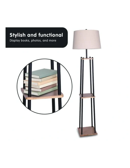 Metal Etagere Floor Lamp With Wood Shelf Light Cream Linen Fabric Shade -Home Décor Sales