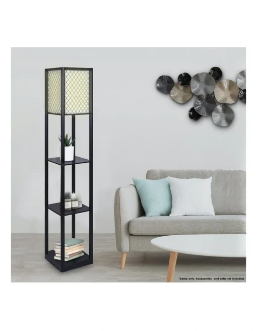 Etagere Floor Lamp Diamond Design Fabric Shade With Shelves Black -Home Décor Sales