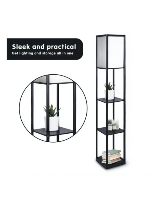 Etagere Floor Lamp Shelves Black Frame Tapered Linen Brown Fabric Shade Stand -Home Décor Sales