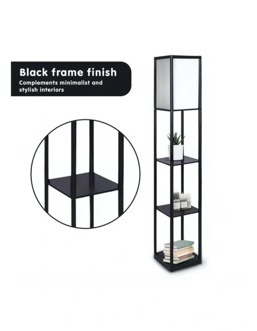 Etagere Floor Lamp Shelves Black Frame Tapered Linen Brown Fabric Shade Stand -Home Décor Sales