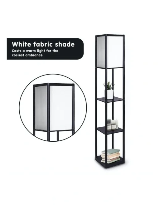 Etagere Floor Lamp Shelves Black Frame Tapered Linen Brown Fabric Shade Stand -Home Décor Sales