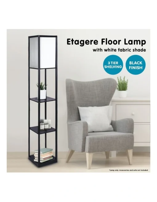 Etagere Floor Lamp Shelves Black Frame Tapered Linen Brown Fabric Shade Stand -Home Décor Sales