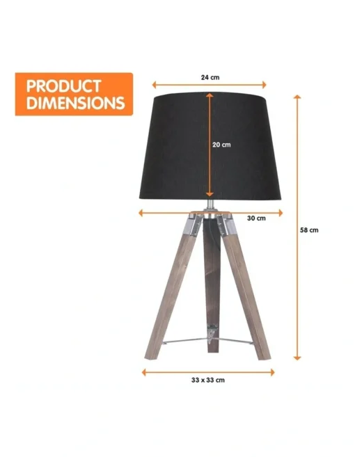 Wooden Tripod Table Lamp With Black Linen Taper Fabric Round Shade Reading Light -Home Décor Sales