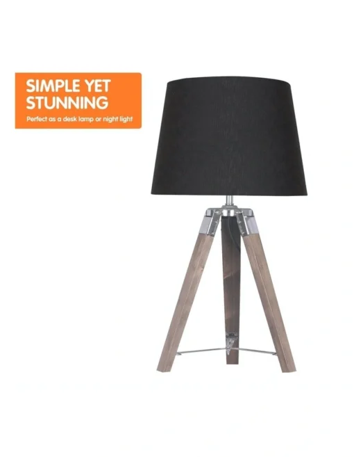 Wooden Tripod Table Lamp With Black Linen Taper Fabric Round Shade Reading Light -Home Décor Sales