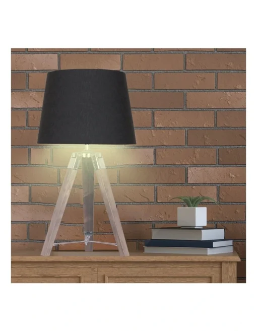 Wooden Tripod Table Lamp With Black Linen Taper Fabric Round Shade Reading Light -Home Décor Sales