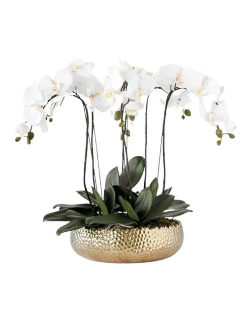 Real Touch PEVA 6 Stems White Phalaenopsis Arrangement In Golden Pot -Home Décor Sales