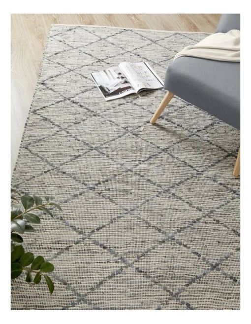 Doran Hand Woven Rug Leather/Cotton 160x230cm Grey -Home Décor Sales