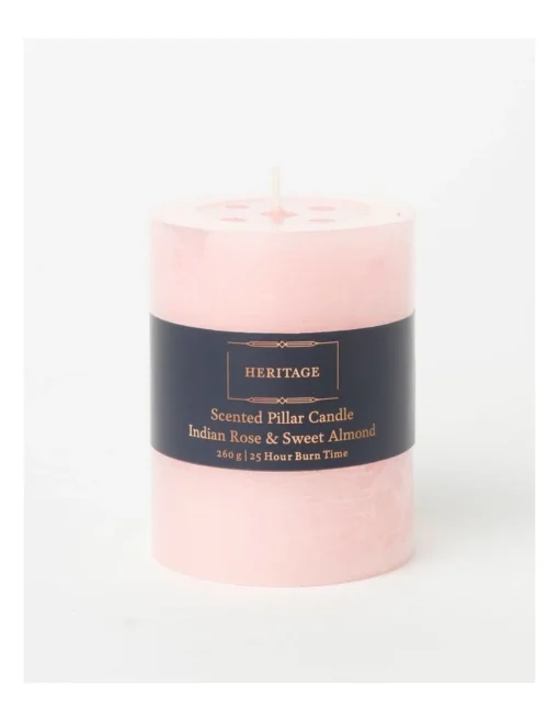 Heritage Rustic Scented Pillar Candle Indian Rose & Sweet Almond 9cm In Pink -Home Décor Sales