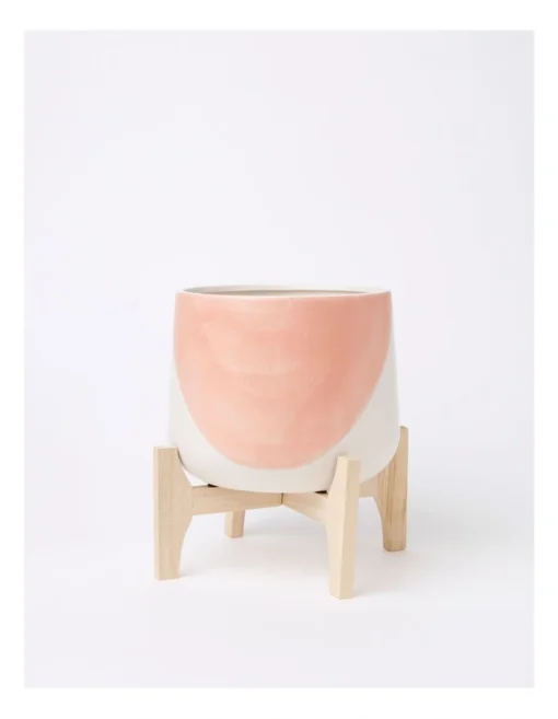 Halden Ceramic Planter With Bamboo Stand 25cm In Pink/Multi -Home Décor Sales