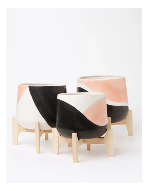 Halden Ceramic Planter With Bamboo Stand 25cm In Pink/Multi -Home Décor Sales