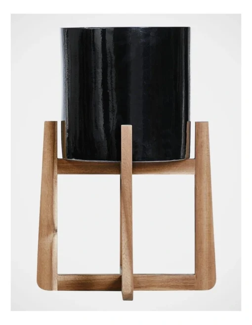 Ceramic Planter Pot On Wooden Stand 50x34x34cm In Black -Home Décor Sales