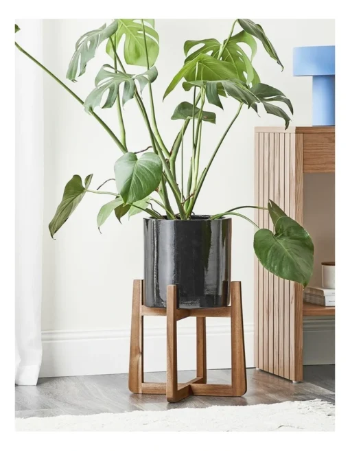 Ceramic Planter Pot On Wooden Stand 50x34x34cm In Black -Home Décor Sales
