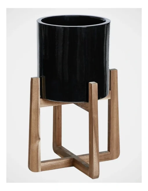 Ceramic Planter Pot On Wooden Stand 50x34x34cm In Black -Home Décor Sales