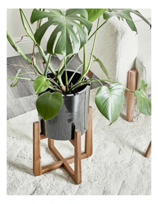 Ceramic Planter Pot On Wooden Stand 50x34x34cm In Black -Home Décor Sales