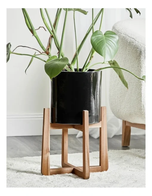 Ceramic Planter Pot On Wooden Stand 50x34x34cm In Black -Home Décor Sales