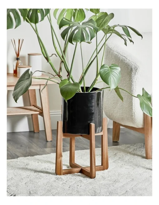 Ceramic Planter Pot On Wooden Stand 50x34x34cm In Black -Home Décor Sales