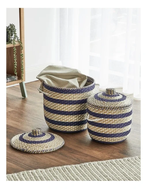 Heritage Skyros Seagrass Basket Set Of 2 In Natural/Blue -Home Décor Sales