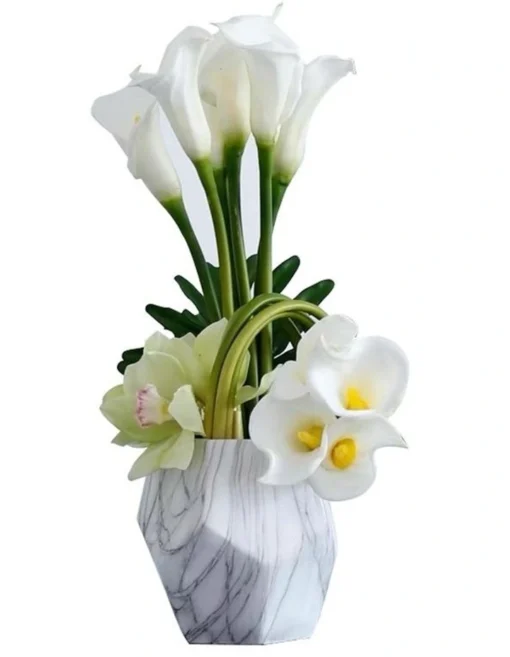 Artificial White Calla Lily Floral Arrangement In Marble Look Vase -Home Décor Sales