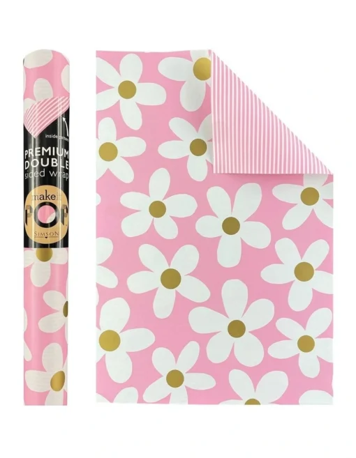 Simson White And Gold Daisies On Pink Roll Wrap -Home Décor Sales