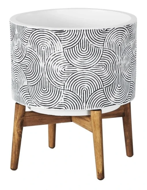 Ceramic Pot On Acacia Wood Stand 42cm In White/Black -Home Décor Sales