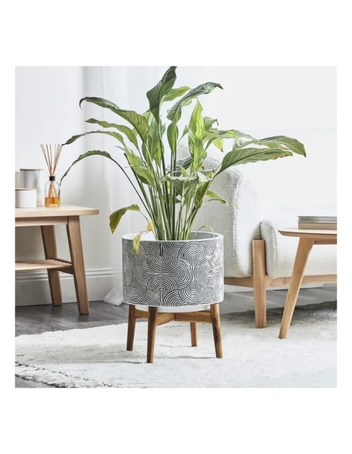 Ceramic Pot On Acacia Wood Stand 42cm In White/Black -Home Décor Sales