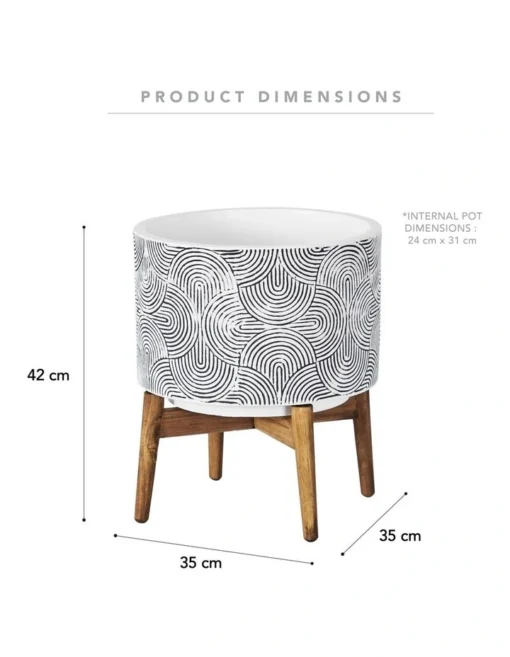 Ceramic Pot On Acacia Wood Stand 42cm In White/Black -Home Décor Sales