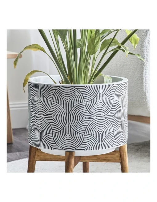 Ceramic Pot On Acacia Wood Stand 42cm In White/Black -Home Décor Sales