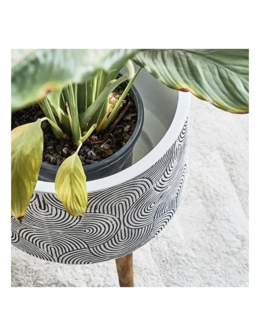 Ceramic Pot On Acacia Wood Stand 42cm In White/Black -Home Décor Sales