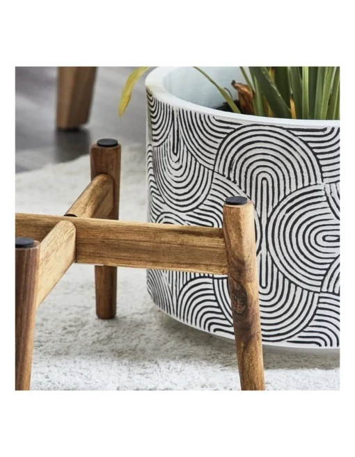 Ceramic Pot On Acacia Wood Stand 42cm In White/Black -Home Décor Sales