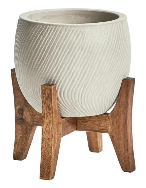 Ceramic Pot On Acacia Wood Stand 24cm In White -Home Décor Sales