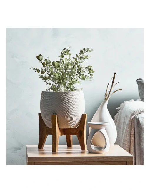 Ceramic Pot On Acacia Wood Stand 24cm In White -Home Décor Sales