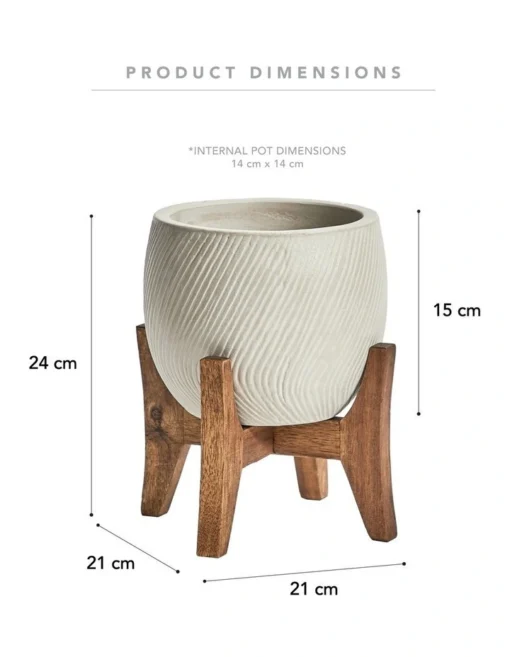 Ceramic Pot On Acacia Wood Stand 24cm In White -Home Décor Sales