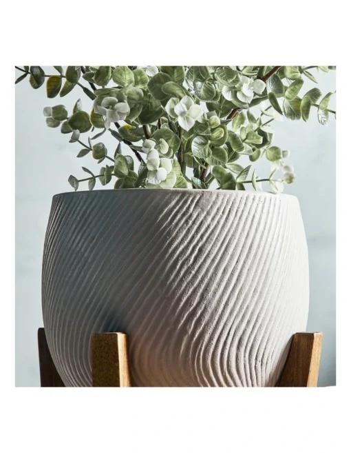 Ceramic Pot On Acacia Wood Stand 24cm In White -Home Décor Sales