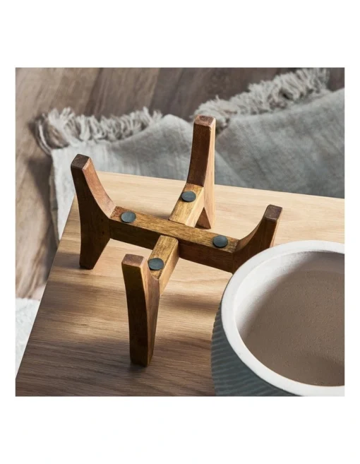 Ceramic Pot On Acacia Wood Stand 24cm In White -Home Décor Sales