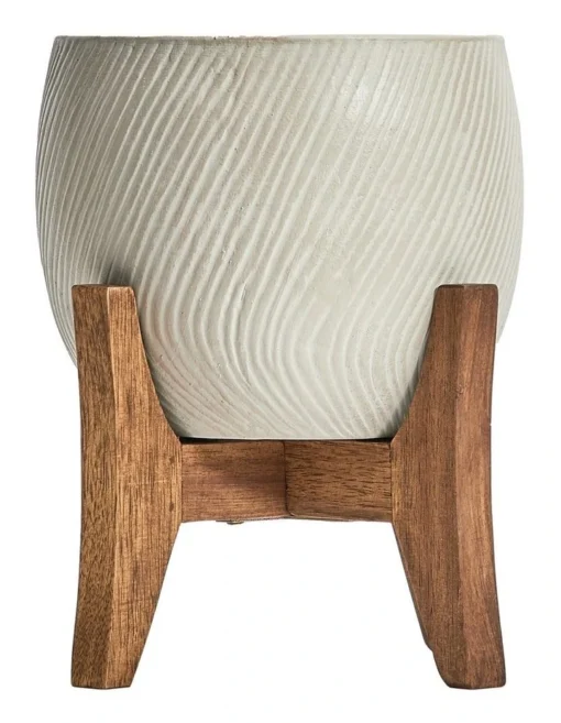 Ceramic Pot On Acacia Wood Stand 24cm In White -Home Décor Sales