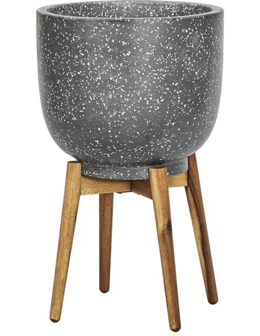 Terrazzo Pot On Acacia Wood Stand 58cm In Grey -Home Décor Sales