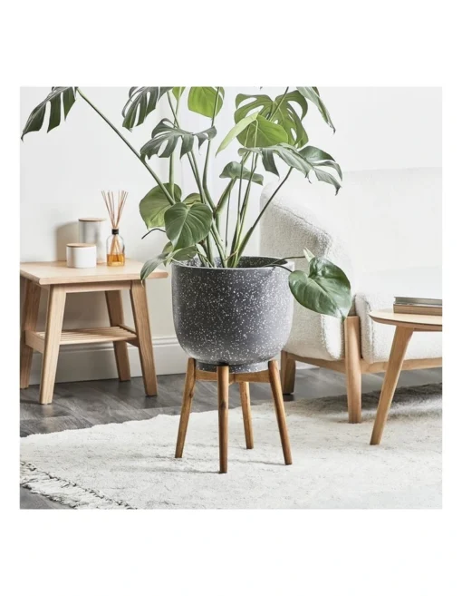 Terrazzo Pot On Acacia Wood Stand 58cm In Grey -Home Décor Sales