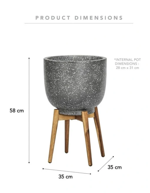 Terrazzo Pot On Acacia Wood Stand 58cm In Grey -Home Décor Sales