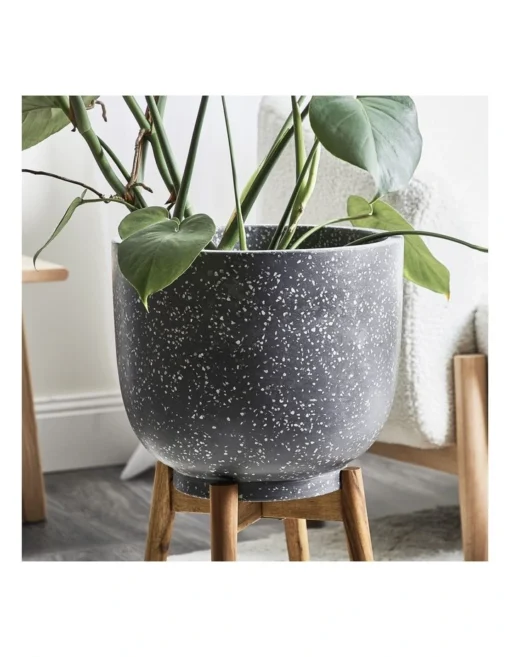Terrazzo Pot On Acacia Wood Stand 58cm In Grey -Home Décor Sales