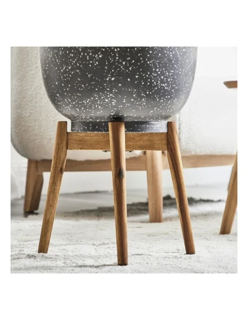 Terrazzo Pot On Acacia Wood Stand 58cm In Grey -Home Décor Sales