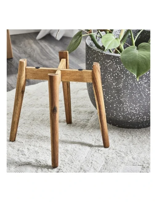Terrazzo Pot On Acacia Wood Stand 58cm In Grey -Home Décor Sales