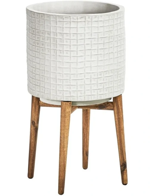 Ceramic Pot On Acacia Wood Stand 58cm In Grey -Home Décor Sales