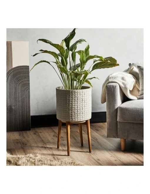 Ceramic Pot On Acacia Wood Stand 58cm In Grey -Home Décor Sales