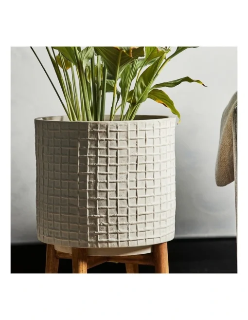 Ceramic Pot On Acacia Wood Stand 58cm In Grey -Home Décor Sales