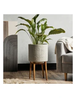 Ceramic Pot On Acacia Wood Stand 58cm In Grey -Home Décor Sales 954998560 7 720x928