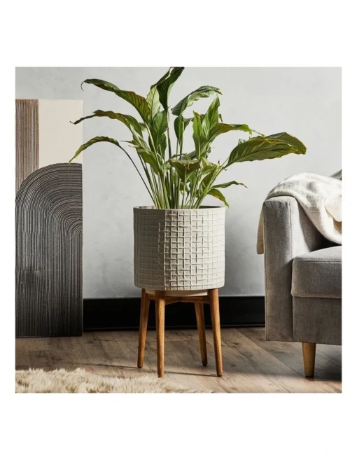Ceramic Pot On Acacia Wood Stand 58cm In Grey -Home Décor Sales