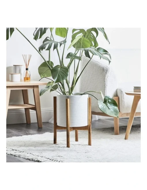 Ceramic Pot On Acacia Wood Stand 41cm In White -Home Décor Sales